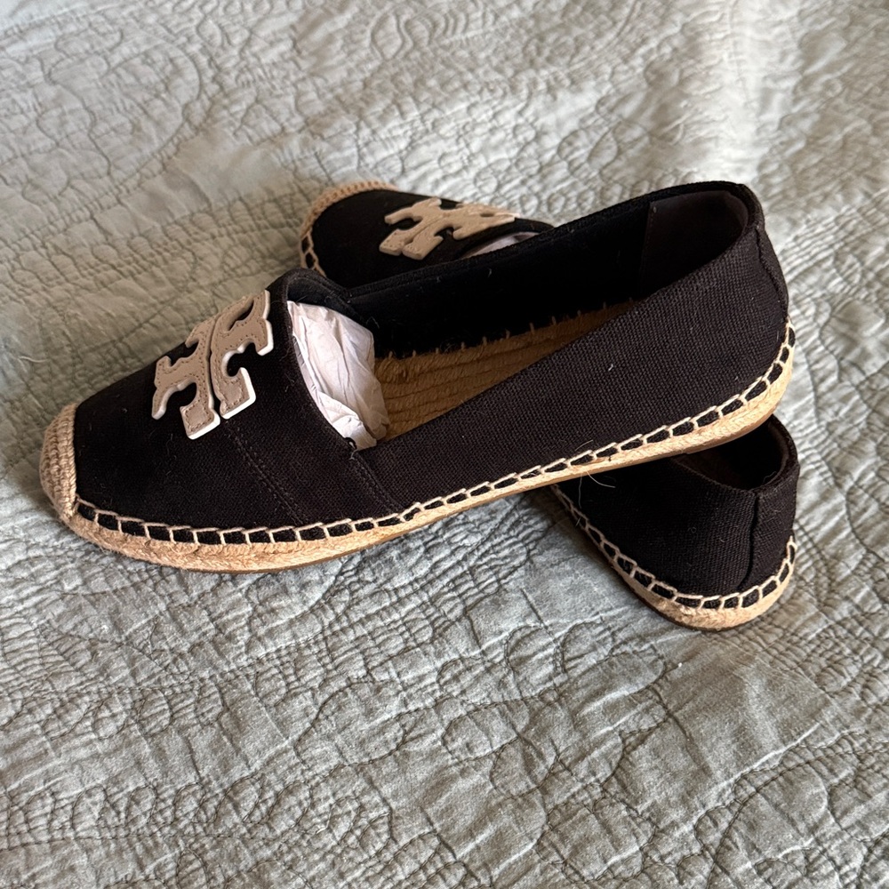 Tory Burch Black Canvas Espadrille Flats with White Logo - Picture 2 of 6